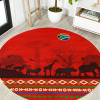 South Africa Wildlife Round Carpet Tribal Pattern with National Flag and Safari Silhouettes