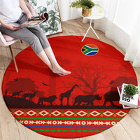 South Africa Wildlife Round Carpet Tribal Pattern with National Flag and Safari Silhouettes