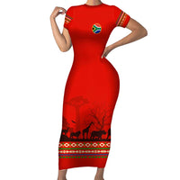 South Africa Wildlife Short Sleeve Bodycon Dress Tribal Pattern with National Flag and Safari Silhouettes