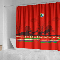 South Africa Wildlife Shower Curtain Tribal Pattern with National Flag and Safari Silhouettes