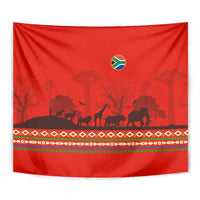 South Africa Wildlife Tapestry Tribal Pattern with National Flag and Safari Silhouettes