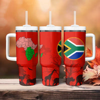 South Africa Wildlife Tumbler With Handle Tribal Pattern with National Flag and Safari Silhouettes