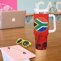 South Africa Wildlife Tumbler With Handle Tribal Pattern with National Flag and Safari Silhouettes