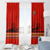 South Africa Wildlife Window Curtain Tribal Pattern with National Flag and Safari Silhouettes