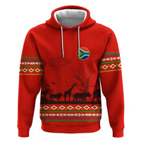 South Africa Wildlife Zip Hoodie Tribal Pattern with National Flag and Safari Silhouettes