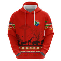 South Africa Wildlife Zip Hoodie Tribal Pattern with National Flag and Safari Silhouettes