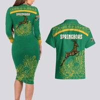 South Africa Springboks Couples Matching Long Sleeve Bodycon Dress and Hawaiian Shirt with Tribal Antelope Design and Floral Accents