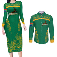 South Africa Springboks Couples Matching Long Sleeve Bodycon Dress and Long Sleeve Button Shirt with Tribal Antelope Design and Floral Accents