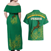 South Africa Springboks Couples Matching Off Shoulder Maxi Dress and Hawaiian Shirt with Tribal Antelope Design and Floral Accents