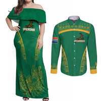South Africa Springboks Couples Matching Off Shoulder Maxi Dress and Long Sleeve Button Shirt with Tribal Antelope Design and Floral Accents