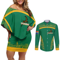 South Africa Springboks Couples Matching Off Shoulder Short Dress and Long Sleeve Button Shirt with Tribal Antelope Design and Floral Accents