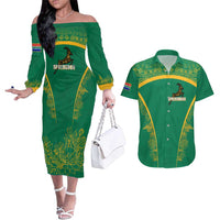 South Africa Springboks Couples Matching Off The Shoulder Long Sleeve Dress and Hawaiian Shirt with Tribal Antelope Design and Floral Accents