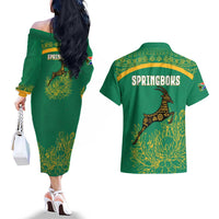 South Africa Springboks Couples Matching Off The Shoulder Long Sleeve Dress and Hawaiian Shirt with Tribal Antelope Design and Floral Accents