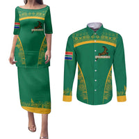 South Africa Springboks Couples Matching Puletasi and Long Sleeve Button Shirt with Tribal Antelope Design and Floral Accents