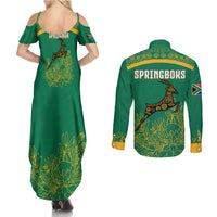 South Africa Springboks Couples Matching Summer Maxi Dress and Long Sleeve Button Shirt with Tribal Antelope Design and Floral Accents