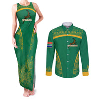 South Africa Springboks Couples Matching Tank Maxi Dress and Long Sleeve Button Shirt with Tribal Antelope Design and Floral Accents