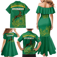 South Africa Springboks Family Matching Mermaid Dress and Hawaiian Shirt with Tribal Antelope Design and Floral Accents