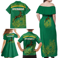 South Africa Springboks Family Matching Off Shoulder Maxi Dress and Hawaiian Shirt with Tribal Antelope Design and Floral Accents