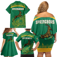 South Africa Springboks Family Matching Off Shoulder Short Dress and Hawaiian Shirt with Tribal Antelope Design and Floral Accents