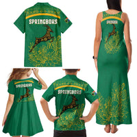 South Africa Springboks Family Matching Tank Maxi Dress and Hawaiian Shirt with Tribal Antelope Design and Floral Accents