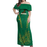 South Africa Springboks Off Shoulder Maxi Dress with Tribal Antelope Design and Floral Accents