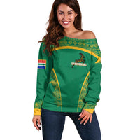South Africa Springboks Off Shoulder Sweater with Tribal Antelope Design and Floral Accents