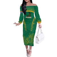 South Africa Springboks Off The Shoulder Long Sleeve Dress with Tribal Antelope Design and Floral Accents