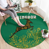 South Africa Springboks Round Carpet with Tribal Antelope Design and Floral Accents