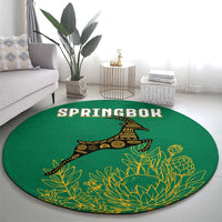 South Africa Springboks Round Carpet with Tribal Antelope Design and Floral Accents