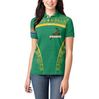 South Africa Springboks Women Polo Shirt with Tribal Antelope Design and Floral Accents