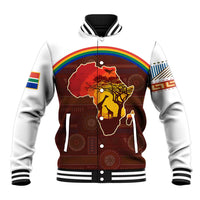 African Sunset Heritage Baseball Jacket Tribal Pattern with Continent Silhouette, Rainbow Arc & Safari Scene