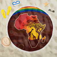 African Sunset Heritage Beach Blanket Tribal Pattern with Continent Silhouette, Rainbow Arc & Safari Scene