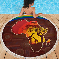 African Sunset Heritage Beach Blanket Tribal Pattern with Continent Silhouette, Rainbow Arc & Safari Scene