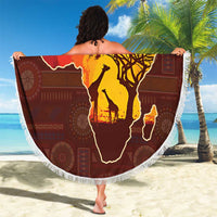 African Sunset Heritage Beach Blanket Tribal Pattern with Continent Silhouette, Rainbow Arc & Safari Scene