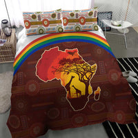 African Sunset Heritage Bedding Set Tribal Pattern with Continent Silhouette, Rainbow Arc & Safari Scene