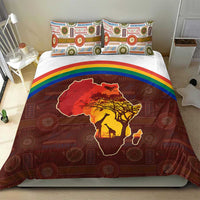 African Sunset Heritage Bedding Set Tribal Pattern with Continent Silhouette, Rainbow Arc & Safari Scene