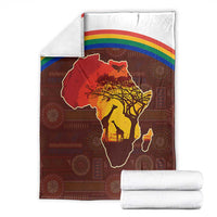 African Sunset Heritage Blanket Tribal Pattern with Continent Silhouette, Rainbow Arc & Safari Scene
