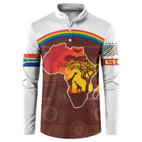 African Sunset Heritage Button Sweatshirt Tribal Pattern with Continent Silhouette, Rainbow Arc & Safari Scene