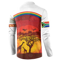 African Sunset Heritage Button Sweatshirt Tribal Pattern with Continent Silhouette, Rainbow Arc & Safari Scene