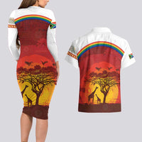 African Sunset Heritage Couples Matching Long Sleeve Bodycon Dress and Hawaiian Shirt Tribal Pattern with Continent Silhouette, Rainbow Arc & Safari Scene