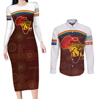 African Sunset Heritage Couples Matching Long Sleeve Bodycon Dress and Long Sleeve Button Shirt Tribal Pattern with Continent Silhouette, Rainbow Arc & Safari Scene