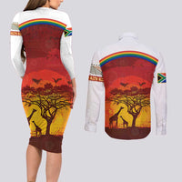 African Sunset Heritage Couples Matching Long Sleeve Bodycon Dress and Long Sleeve Button Shirt Tribal Pattern with Continent Silhouette, Rainbow Arc & Safari Scene
