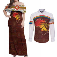 African Sunset Heritage Couples Matching Off Shoulder Maxi Dress and Long Sleeve Button Shirt Tribal Pattern with Continent Silhouette, Rainbow Arc & Safari Scene