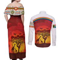 African Sunset Heritage Couples Matching Off Shoulder Maxi Dress and Long Sleeve Button Shirt Tribal Pattern with Continent Silhouette, Rainbow Arc & Safari Scene
