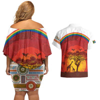 African Sunset Heritage Couples Matching Off Shoulder Short Dress and Hawaiian Shirt Tribal Pattern with Continent Silhouette, Rainbow Arc & Safari Scene