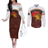 African Sunset Heritage Couples Matching Off The Shoulder Long Sleeve Dress and Long Sleeve Button Shirt Tribal Pattern with Continent Silhouette, Rainbow Arc & Safari Scene