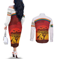 African Sunset Heritage Couples Matching Off The Shoulder Long Sleeve Dress and Long Sleeve Button Shirt Tribal Pattern with Continent Silhouette, Rainbow Arc & Safari Scene