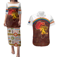 African Sunset Heritage Couples Matching Puletasi and Hawaiian Shirt Tribal Pattern with Continent Silhouette, Rainbow Arc & Safari Scene
