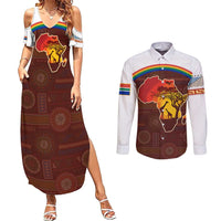 African Sunset Heritage Couples Matching Summer Maxi Dress and Long Sleeve Button Shirt Tribal Pattern with Continent Silhouette, Rainbow Arc & Safari Scene