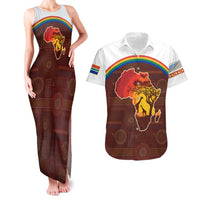 African Sunset Heritage Couples Matching Tank Maxi Dress and Hawaiian Shirt Tribal Pattern with Continent Silhouette, Rainbow Arc & Safari Scene